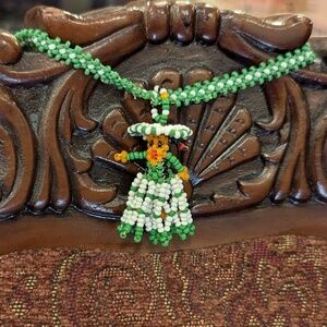 Vintage Green & White Mexican Lady Hat Sombrero Huichol Beaded Folk Art Necklace